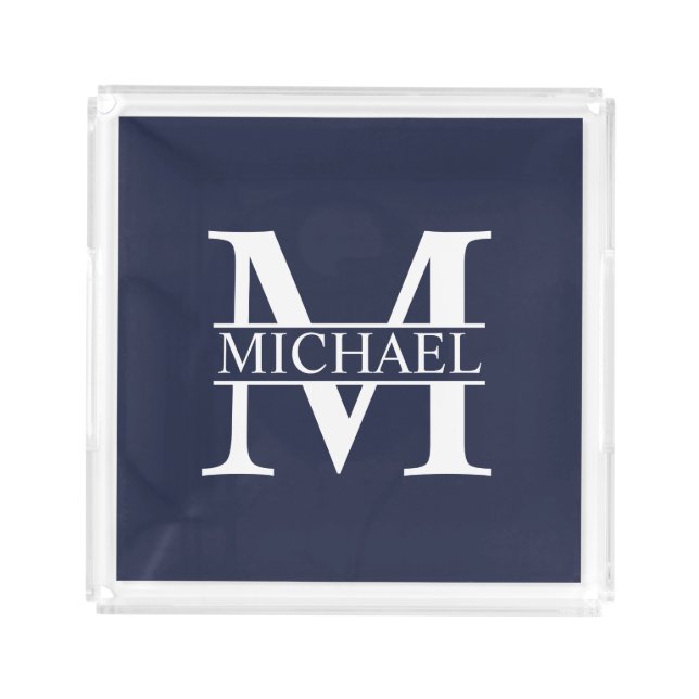 Navy Blue Personalized Monogram and Name Acrylic Tray (Front)