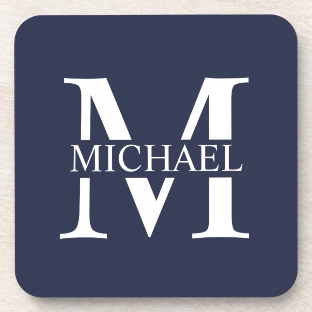 Navy Blue Personalized Monogram and Name Beverage Coaster (Front)