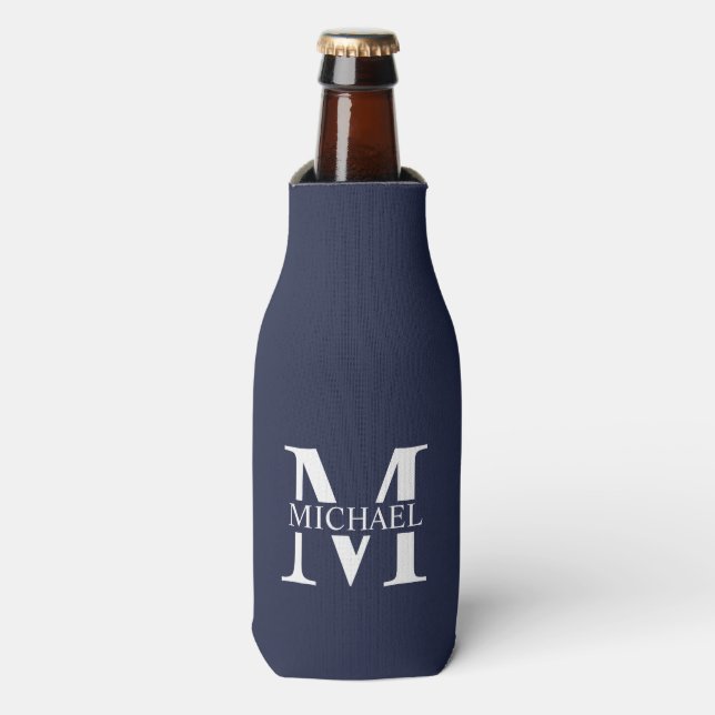 Navy Blue Personalized Monogram and Name Bottle Cooler (Bottle Front)