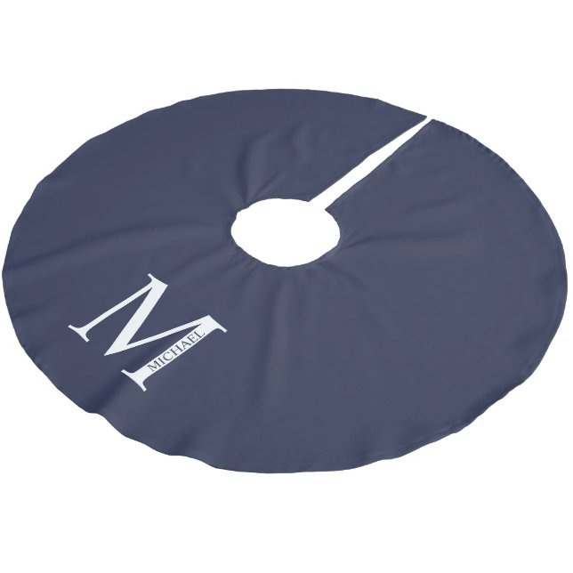 Navy Blue Personalized Monogram and Name Brushed Polyester Tree Skirt (Angled)