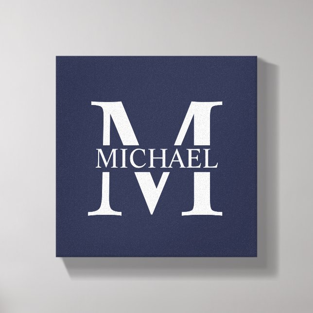Navy Blue Personalized Monogram and Name Canvas Print (Front)