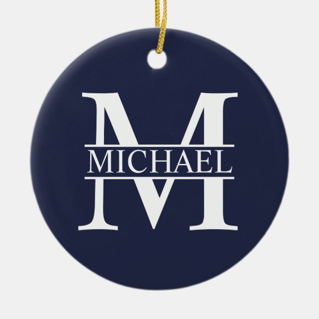 Navy Blue Personalized Monogram and Name Ceramic Ornament (Front)