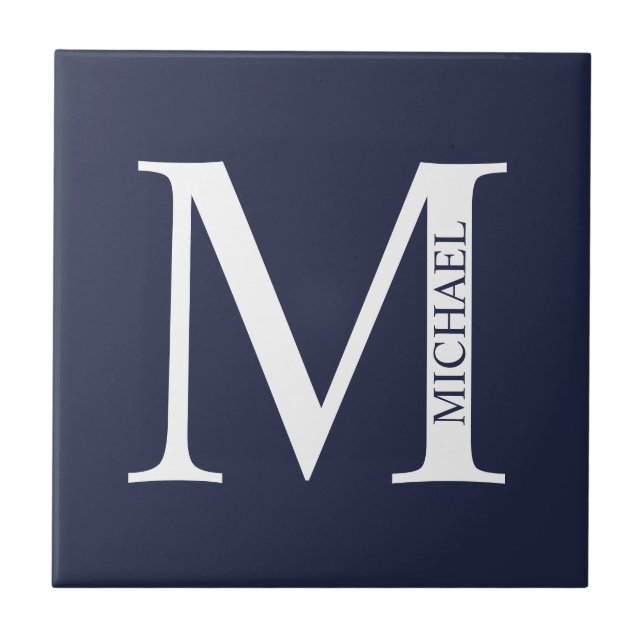 Navy Blue Personalized Monogram and Name Ceramic Tile (Front)