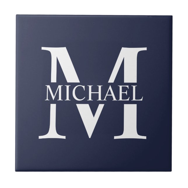 Navy Blue Personalized Monogram and Name Ceramic Tile (Front)