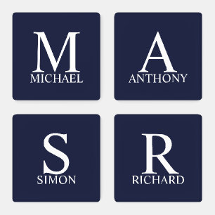 Navy Blue Personalized Monogram and Name Coaster Set