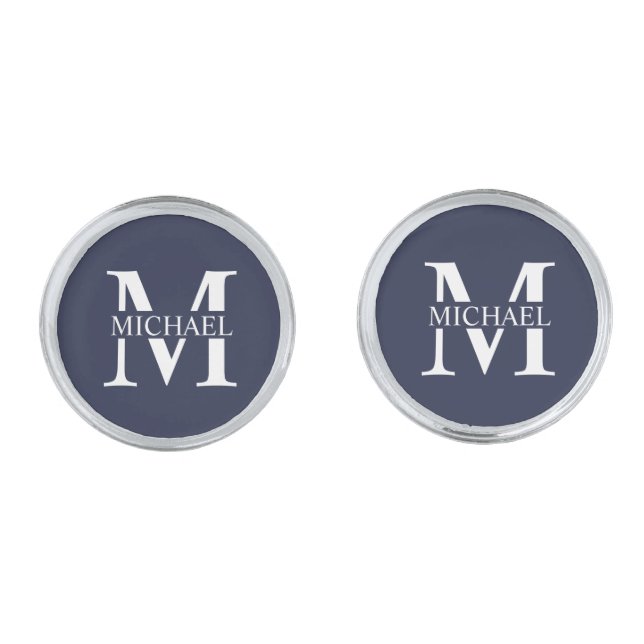 Navy Blue Personalized Monogram and Name Cufflinks (Front)