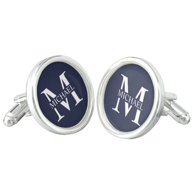 Navy Blue Personalized Monogram and Name Cufflinks (Angled)