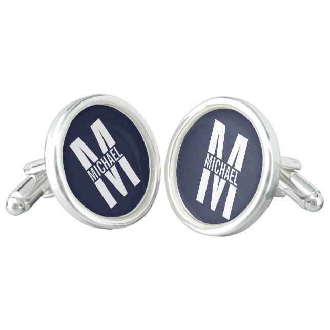 Navy Blue Personalized Monogram and Name Cufflinks (Angled)