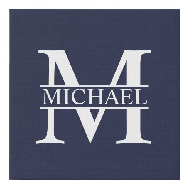 Navy Blue Personalized Monogram and Name Faux Canvas Print (Front)