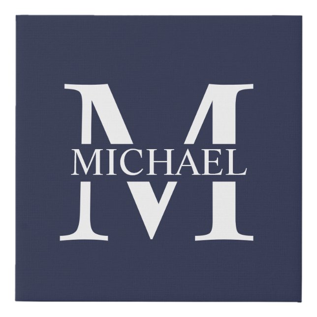 Navy Blue Personalized Monogram and Name Faux Canvas Print (Front)