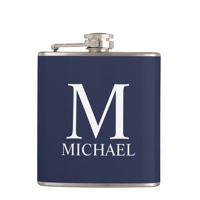Navy Blue Personalized Monogram and Name Flask (Front)