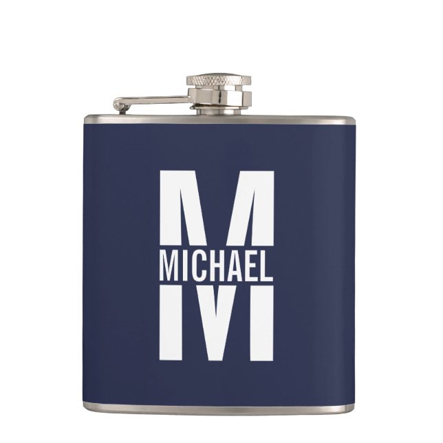 Navy Blue Personalized Monogram and Name Flask (Front)