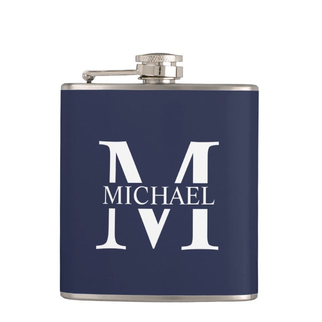 Navy Blue Personalized Monogram and Name Flask (Front)