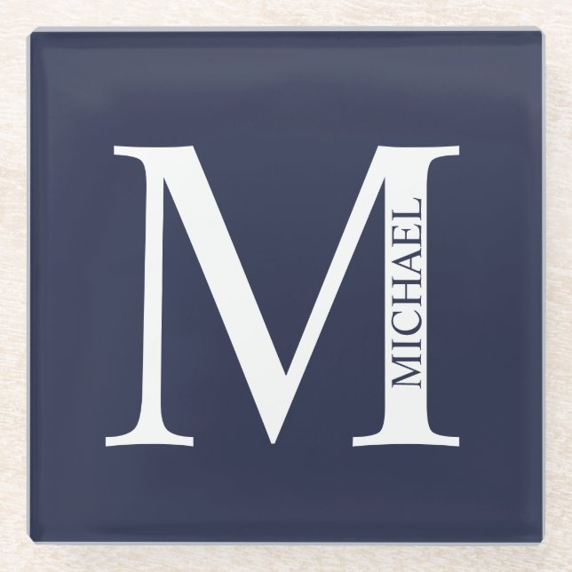 Navy Blue Personalized Monogram and Name Glass Coaster (Front)