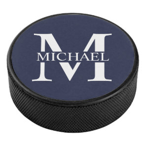 Navy Blue Personalized Monogram and Name Hockey Puck
