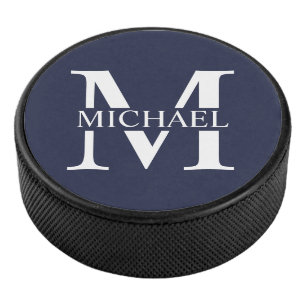 Navy Blue Personalized Monogram and Name Hockey Puck