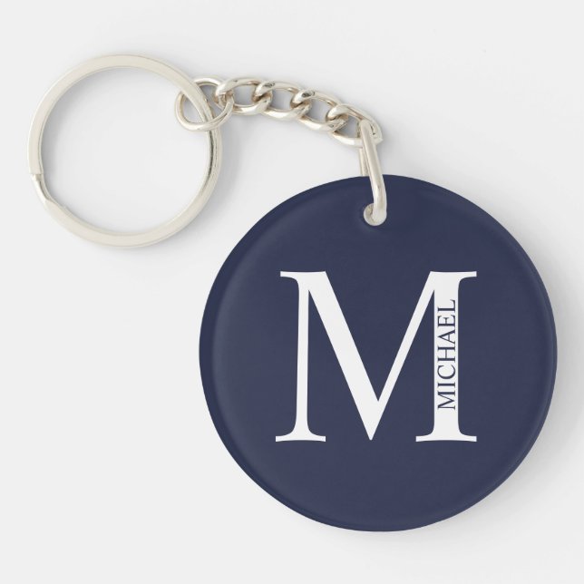 Navy Blue Personalized Monogram and Name Keychain (Front)