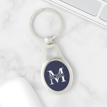 Navy Blue Personalized Monogram And Name Keychain by manadesignco at Zazzle