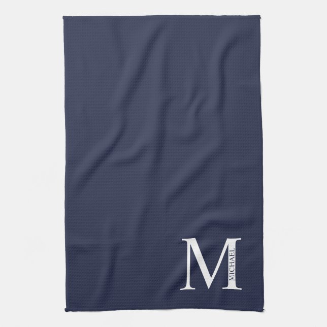 Navy Blue Personalized Monogram and Name Kitchen Towel (Vertical)