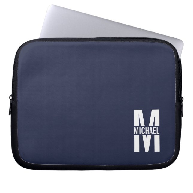 Navy Blue Personalized Monogram and Name Laptop Sleeve (Front)