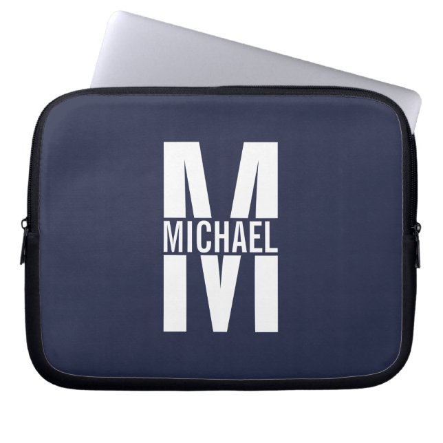 Navy Blue Personalized Monogram and Name Laptop Sleeve (Front)