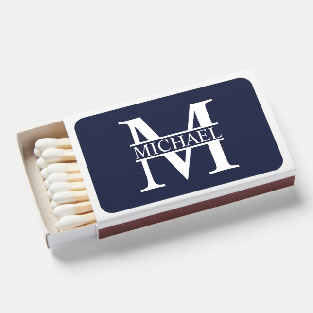 Navy Blue Personalized Monogram and Name Matchboxes (Front Open)