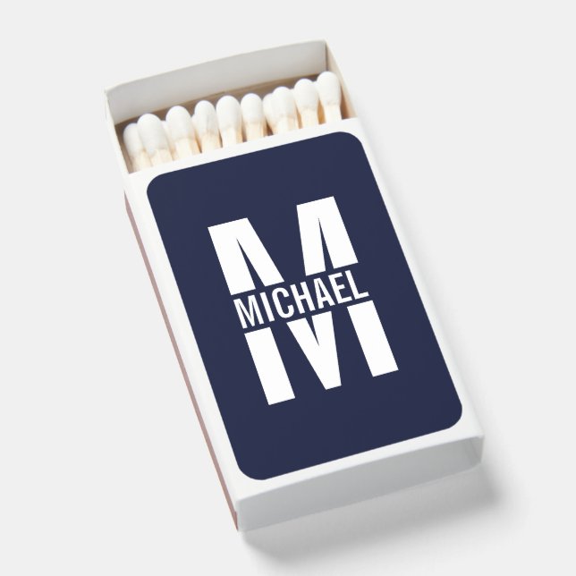 Navy Blue Personalized Monogram and Name Matchboxes (Front Open)