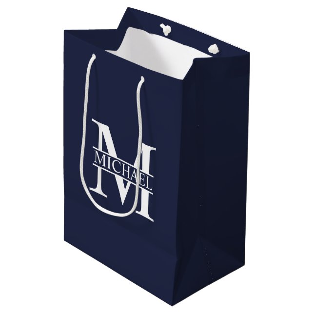 Navy Blue Personalized Monogram and Name Medium Gift Bag (Front Angled)