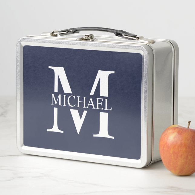 Navy Blue Personalized Monogram and Name Metal Lunch Box (In Situ)