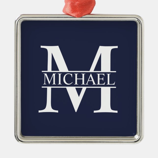 Navy Blue Personalized Monogram and Name Metal Ornament (Front)