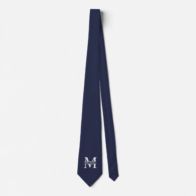 Navy Blue Personalized Monogram and Name Neck Tie (Front)