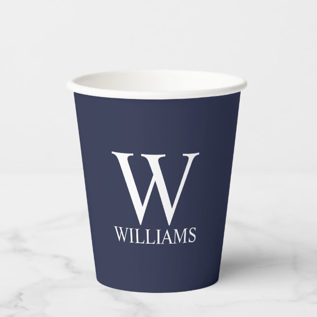 Navy Blue Personalized Monogram and Name Paper Cups (Front)