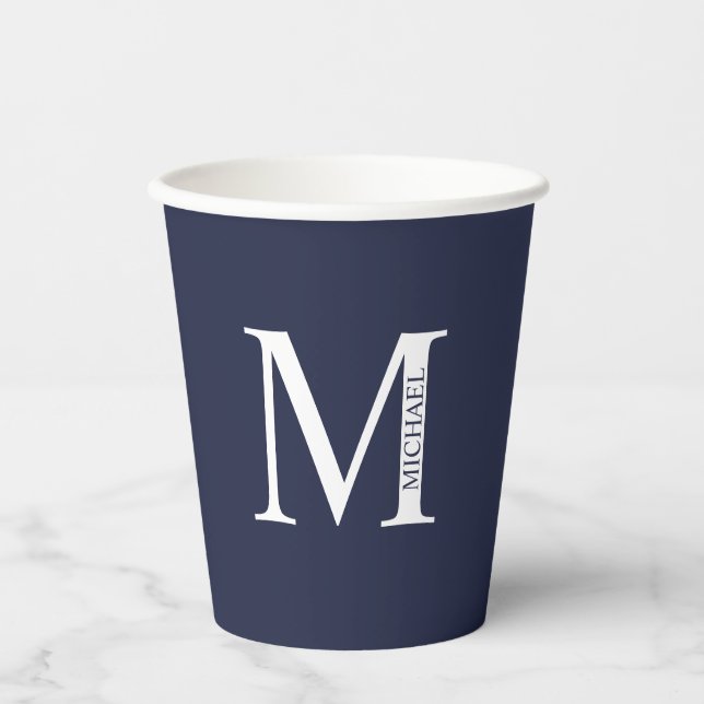 Navy Blue Personalized Monogram and Name Paper Cups (Front)