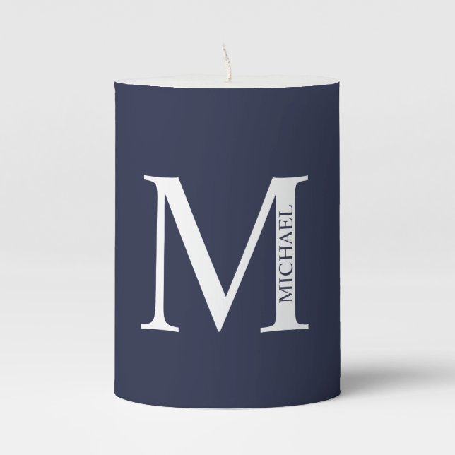 Navy Blue Personalized Monogram and Name Pillar Candle (Front)