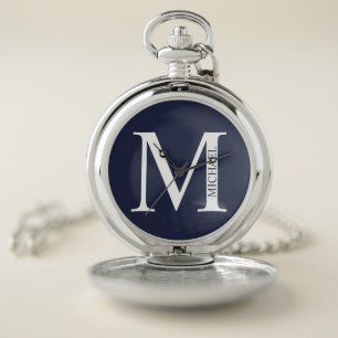 Navy Blue Personalized Monogram and Name Pocket Watch
