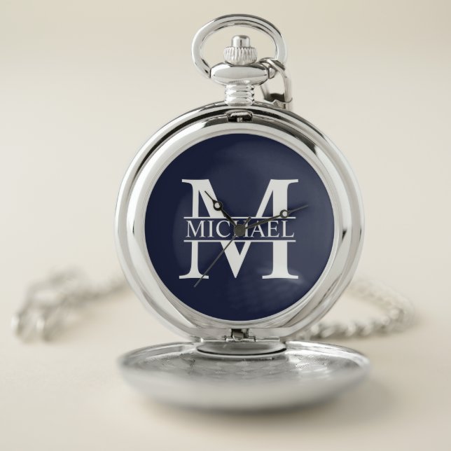 Navy Blue Personalized Monogram and Name Pocket Watch (Inside)