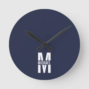 Navy Blue Personalized Monogram and Name Round Clock