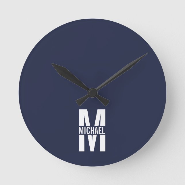 Navy Blue Personalized Monogram and Name Round Clock (Front)