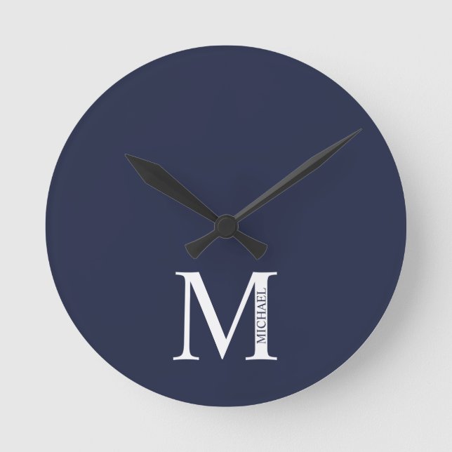 Navy Blue Personalized Monogram and Name Round Clock (Front)