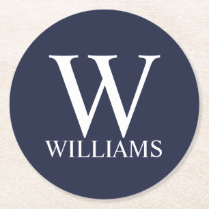 Navy Blue Personalized Monogram and Name Round Paper Coaster