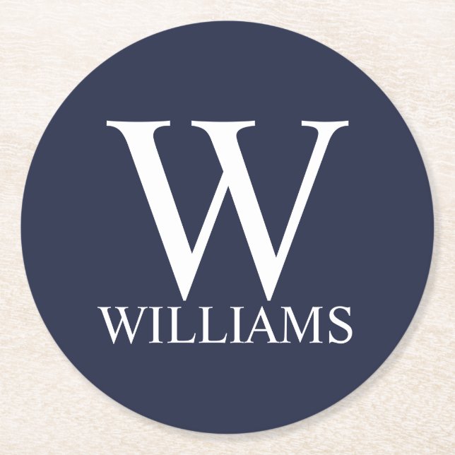 Navy Blue Personalized Monogram and Name Round Paper Coaster (Front)
