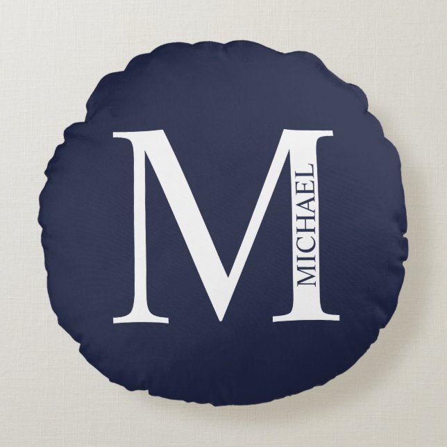 Navy Blue Personalized Monogram and Name Round Pillow (Front)