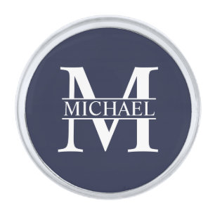 Navy Blue Personalized Monogram and Name Silver Finish Lapel Pin