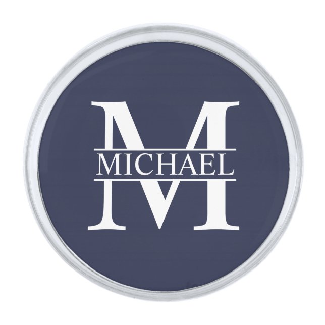 Navy Blue Personalized Monogram and Name Silver Finish Lapel Pin (Front)