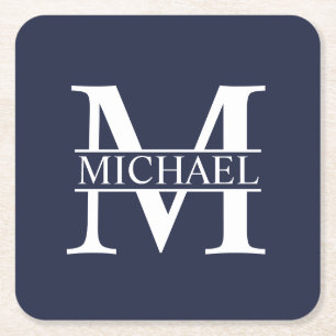 Navy Blue Personalized Monogram and Name Square Paper Coaster
