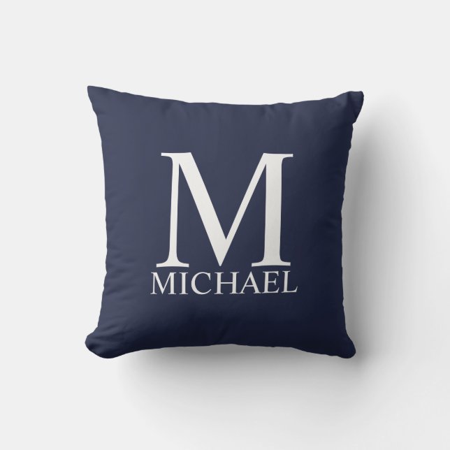 Navy Blue Personalized Monogram and Name Throw Pillow (Front)