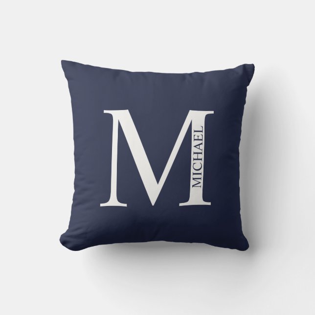 Navy Blue Personalized Monogram and Name Throw Pillow (Front)
