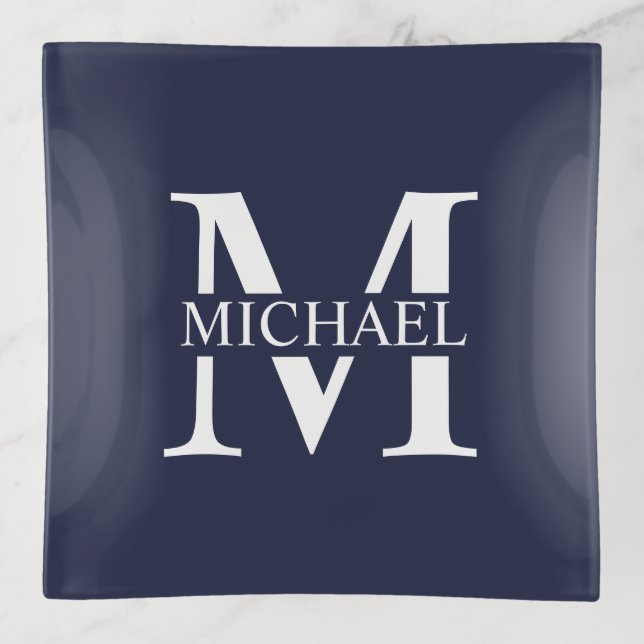 Navy Blue Personalized Monogram and Name Trinket Tray (Front)