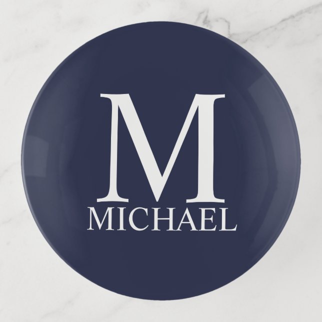 Navy Blue Personalized Monogram and Name Trinket Tray (Front)