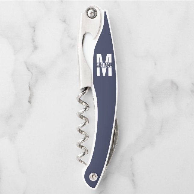 Navy Blue Personalized Monogram and Name Waiter's Corkscrew (Front)